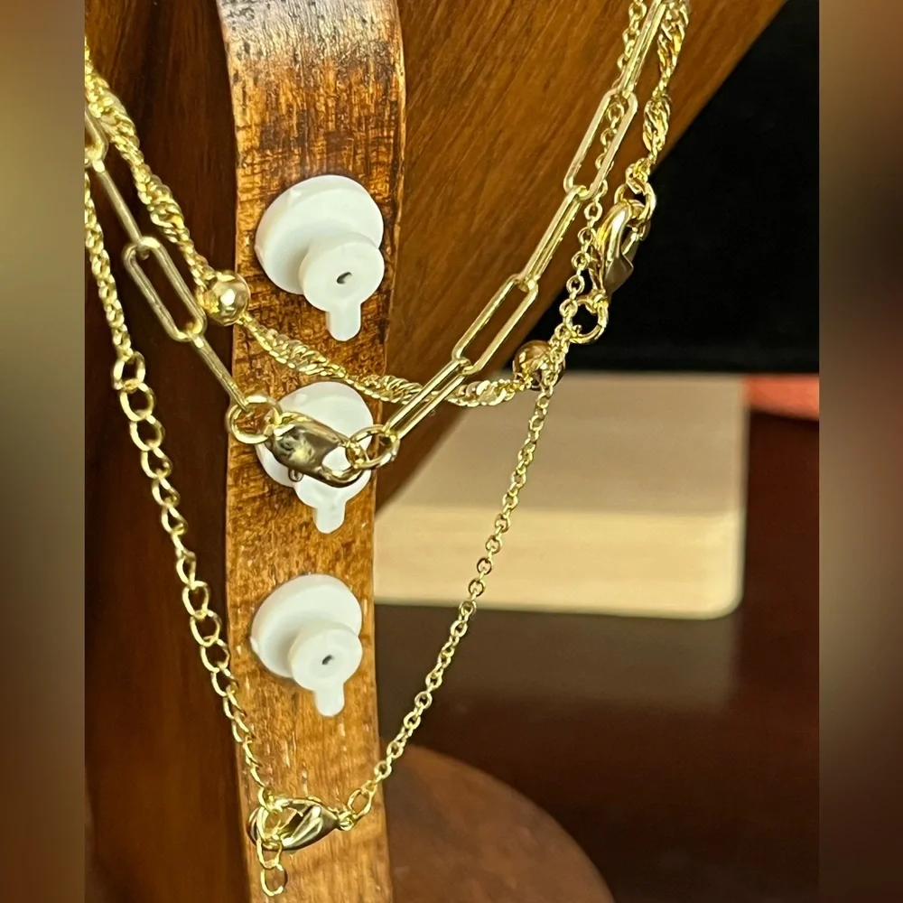 Gold 3 Necklaces; Evil Eye Pendant; Paperclip; Twisted Rope Beaded; Earrings! - Picture 5 of 5